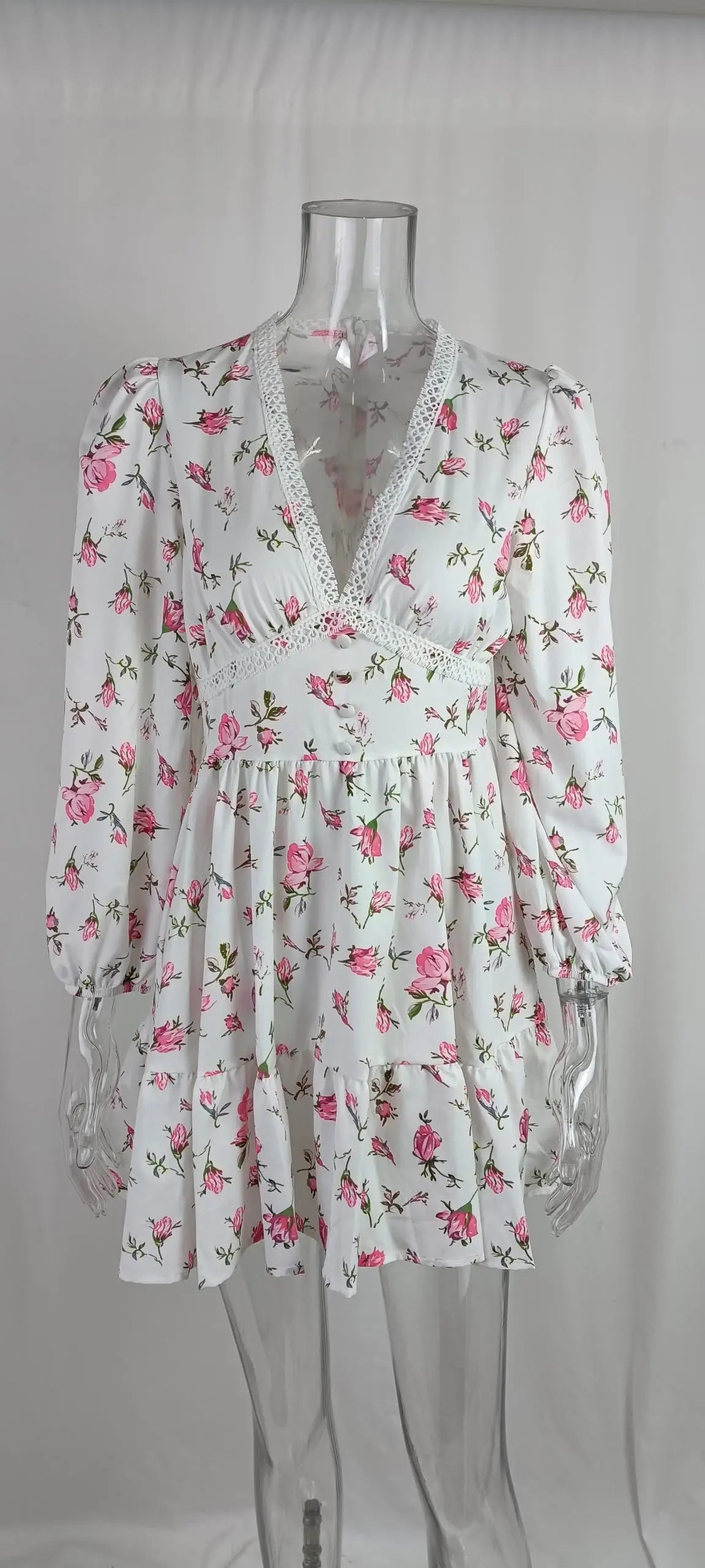 V-Neck Long Sleeve Chiffon Floral Dress