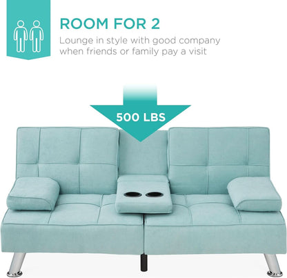 Linen Folding Futon Sofa Bed Aqua With Removable Armrests- ShipItFurniture- {{Product type}}