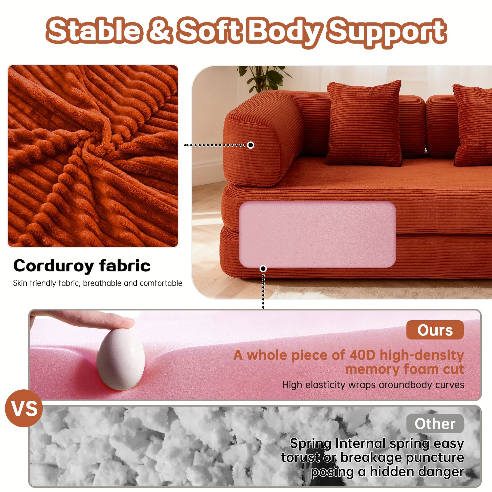 Sofa Bed Convertible 5-in-1 Corduroy Red Floor Steel Frame 74.8 In- NIKKI CASA- {{Product type}}