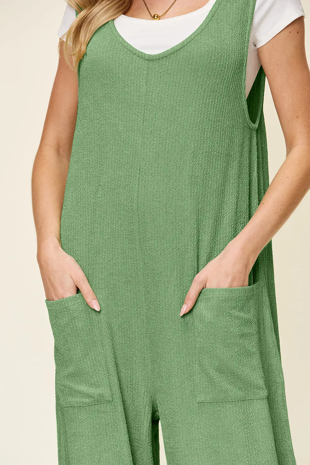 Double Take Full Size Texture Sleeveless Wide Leg Jumpsuit - -