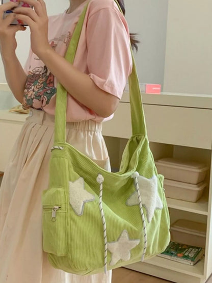 Corduroy Star Applique Casual Crossbody Bag - Green ONESIZE -
