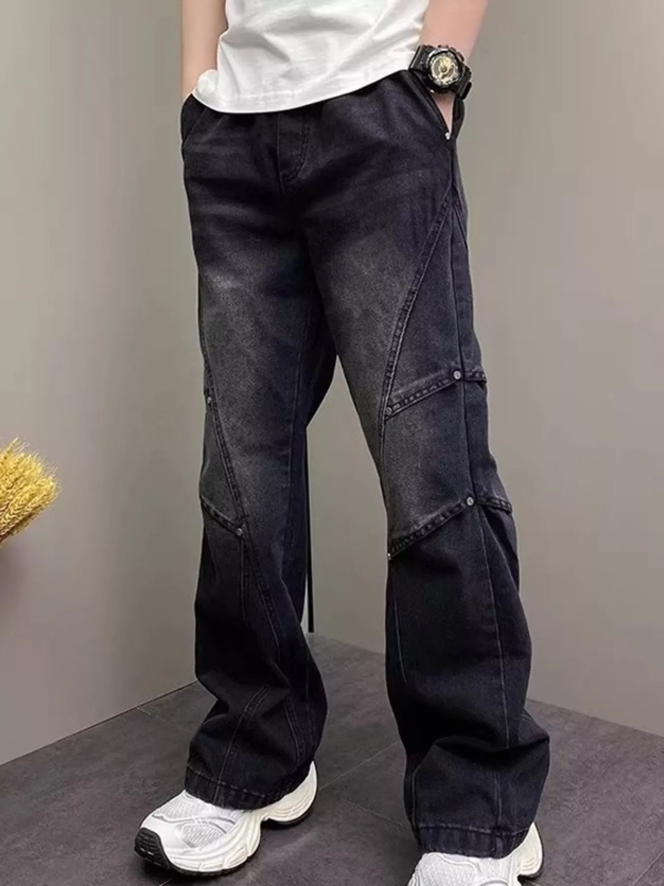 Men's Full Size Vintage Wash Wide Leg Jeans Plus Size - -