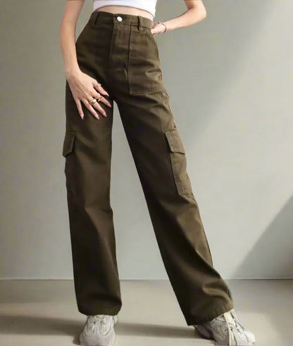 Cargo Pants Ladies Casual High Waisted Trousers With Pocket