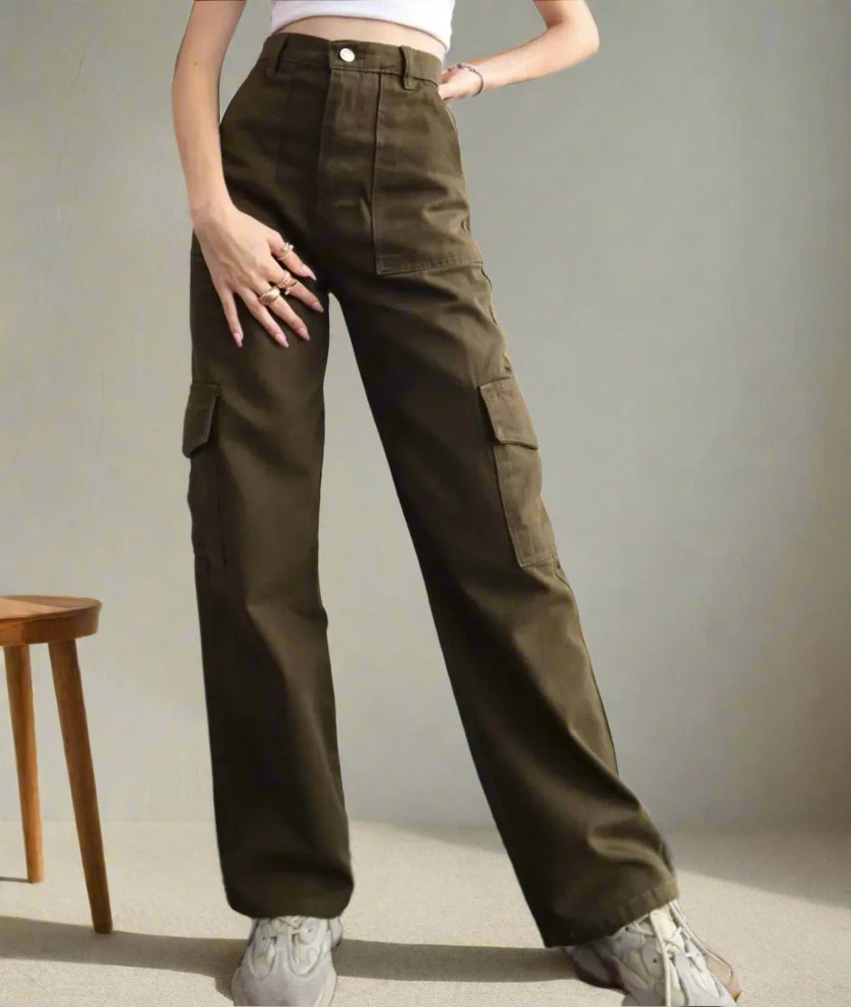 Cargo Pants Ladies Casual High Waisted Trousers With Pocket