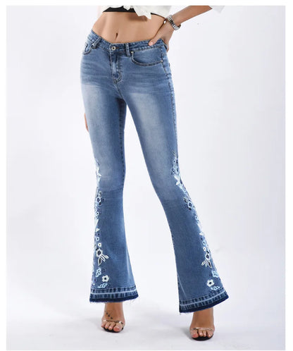 Women Stretch High Waist Embroidery Jeans Wide Leg Floral Denim Long Flared