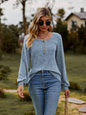 Round Neck Button-Down Long Sleeve Tee - Light Blue -