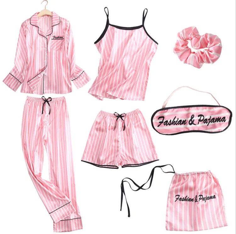 Embroider Pajamas 7pcs Long Sleeve Loungewear Pajamas Women Sleepwear Sets