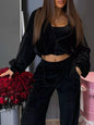 Zip Up Cropped Outerwear and Pants Set - Black -