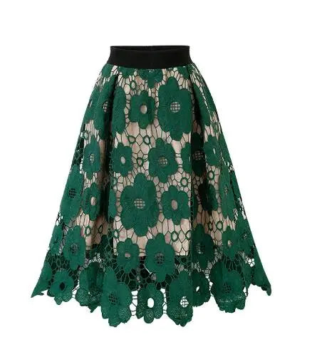 Women Flower Embroidery Hollow Out Lace Skirt Black Skirt