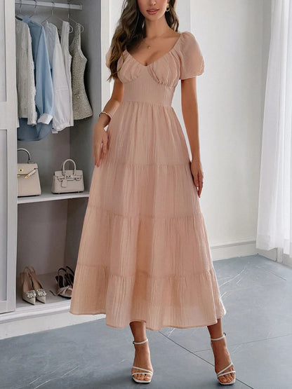 Backless Tiered Puff Sleeve Midi Dress - -