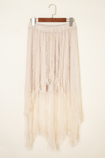 Apricot Lace Cascading Tiered High Waist Maxi Skirt - - Bottoms/Skirts & Petticoat