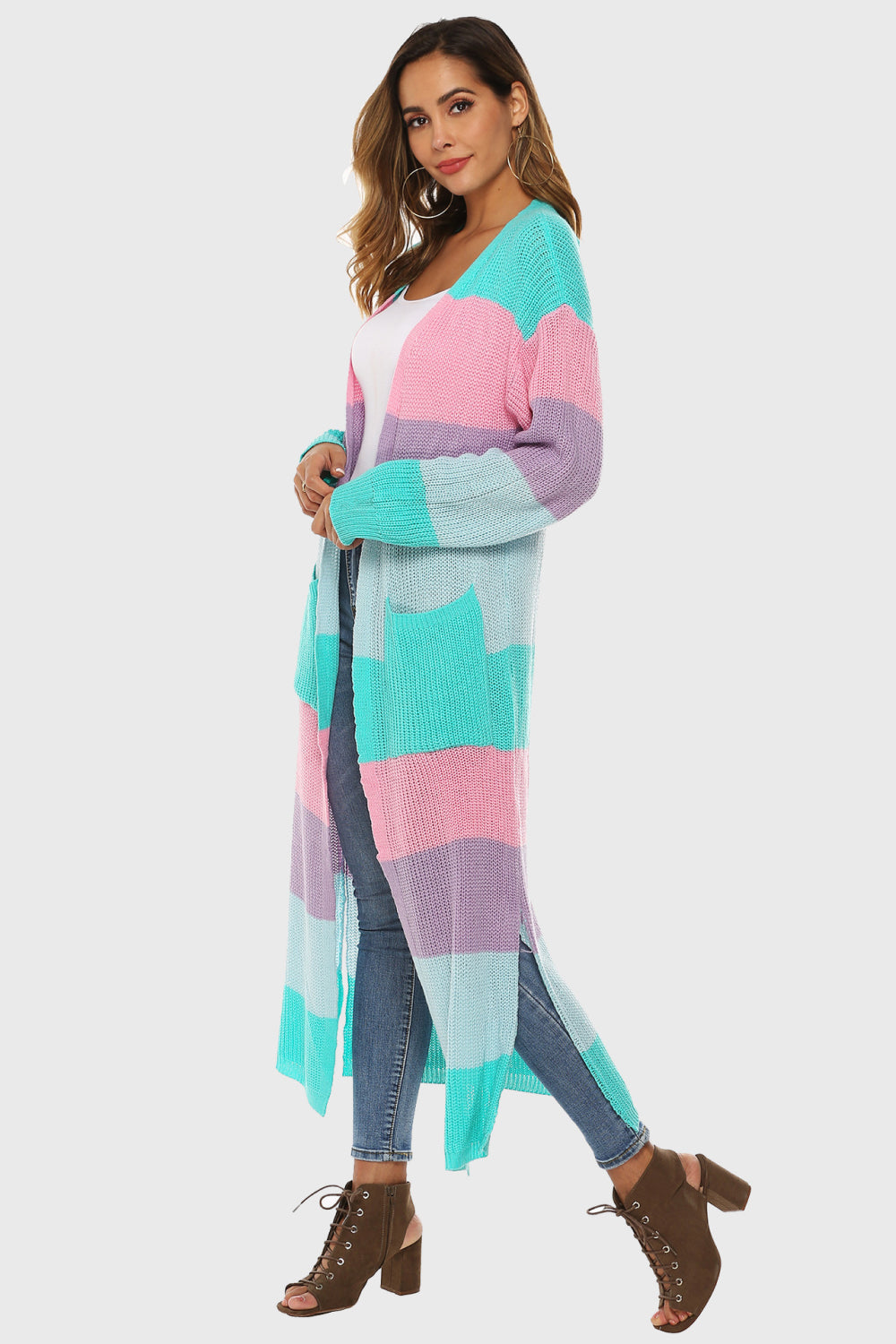 Color Block Long Sleeve Pocketed Cardigan - -