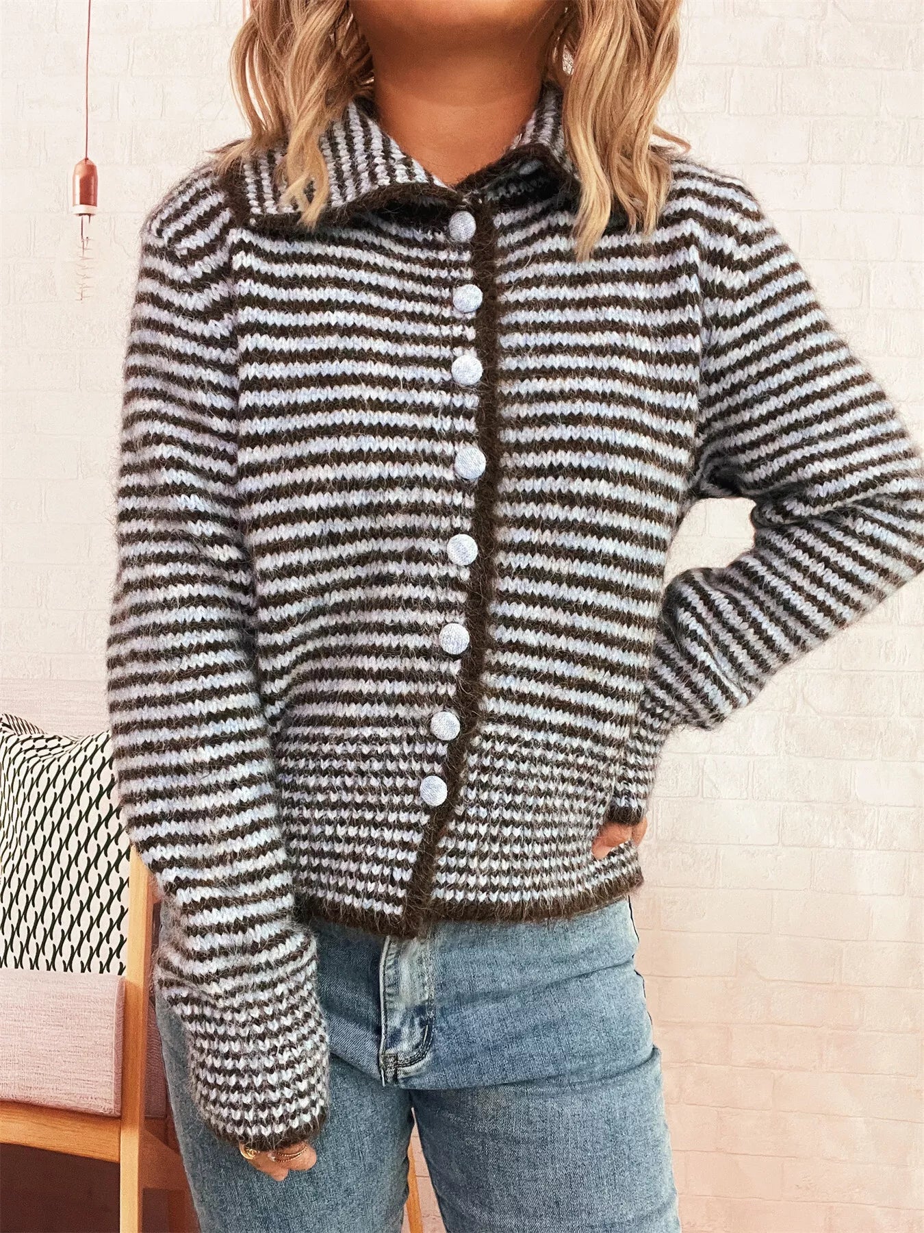 Striped Button-Up Long Sleeve Cardigan - Brown One Size -