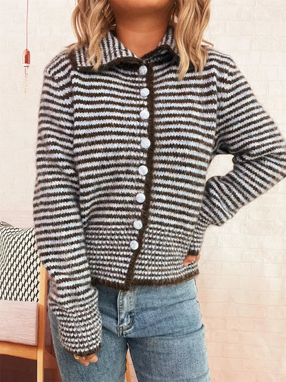 Striped Button-Up Long Sleeve Cardigan - Brown One Size -