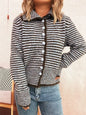 Striped Button-Up Long Sleeve Cardigan - Brown One Size -