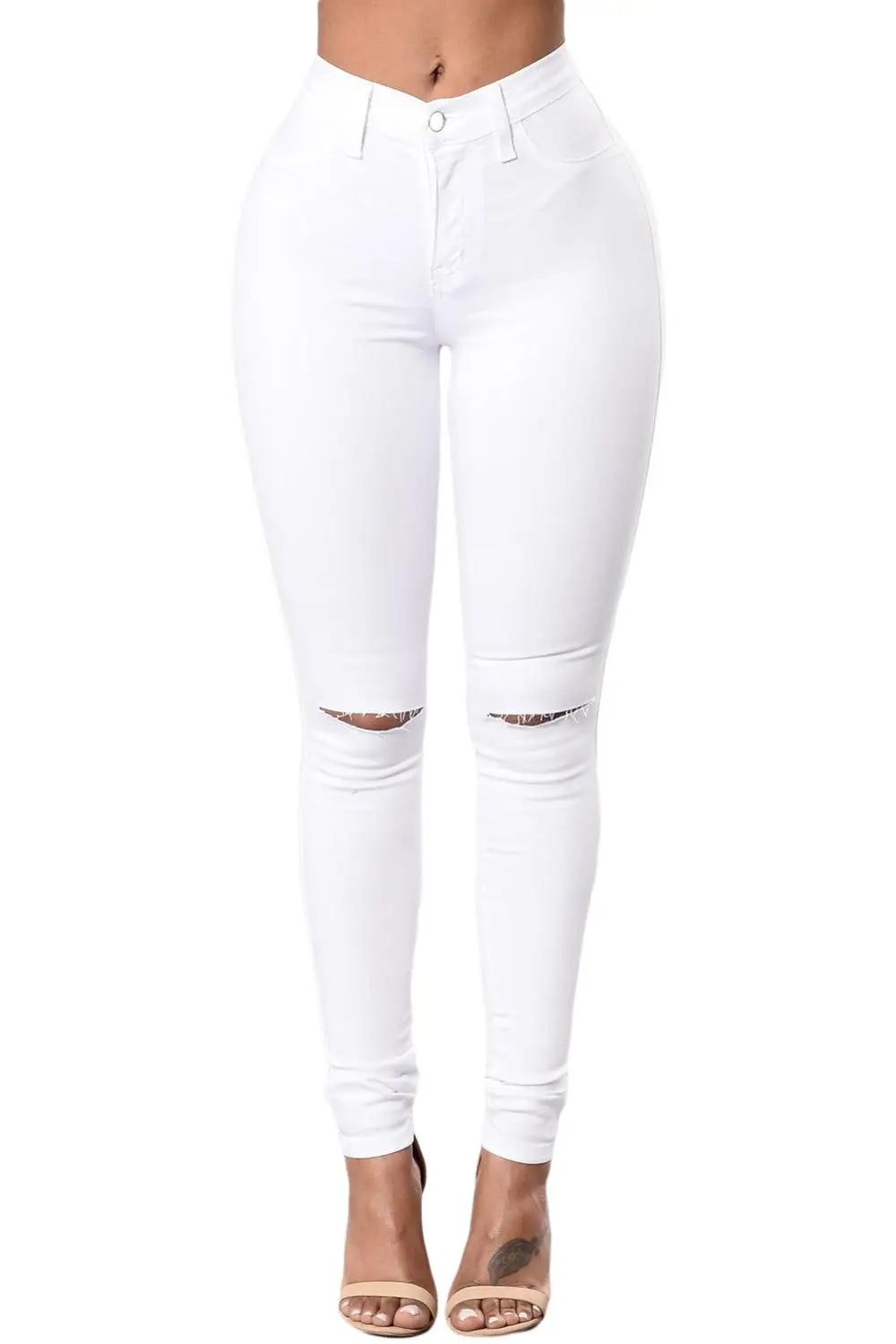 Women's Mid Waist Little Stretch Jeans Slit Knee Denim Pants