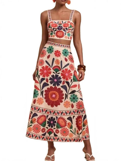 Floral Print Crop Top and Skirt Set - Red -