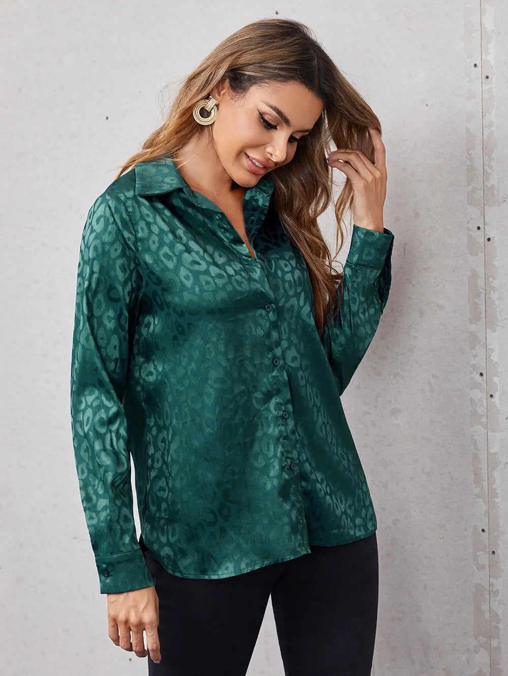 Open Button Leopard Jacquard Temperament Commuter Long Sleeve Blouse