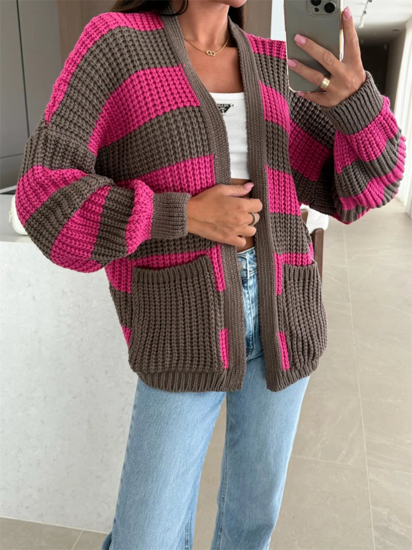 Striped Open Front Long Sleeve Cardigan - -