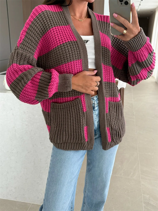 Striped Open Front Long Sleeve Cardigan - -