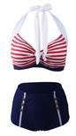 Halter High-Waist Bikini Set - Red White Striped 14 - swimwear