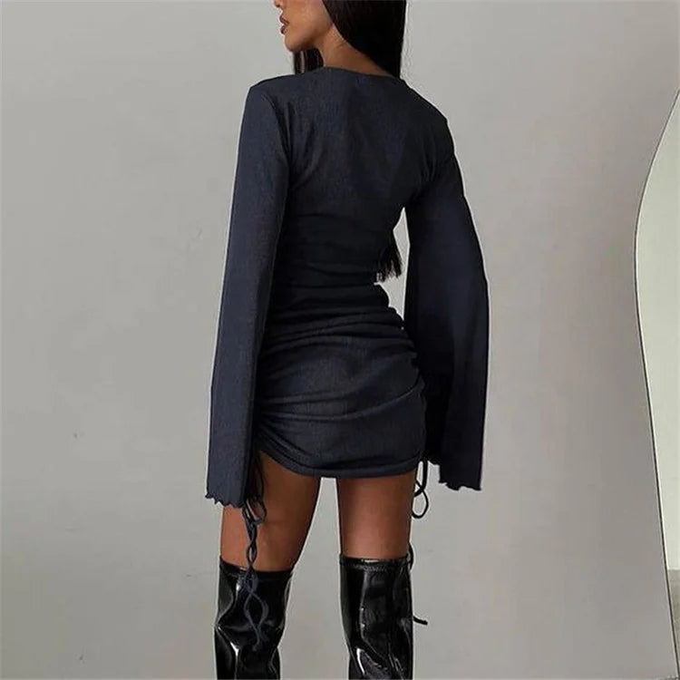 Solid Drawstring Flare Sleeve Mini Dress