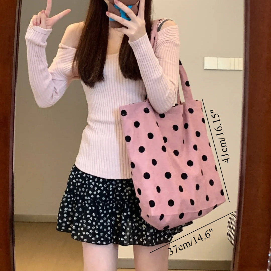 Spring cute polka dot hobo bag, versatile student large capacity shouder tote, design canvas hobo bag - -