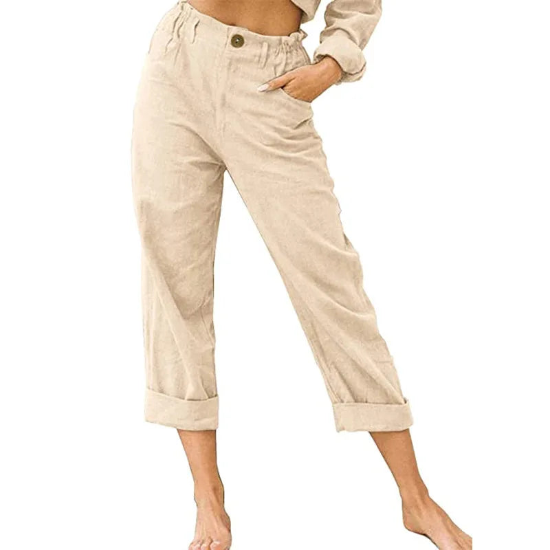 Cotton Linen Women's Long Pants Pockets Button Loose Pants