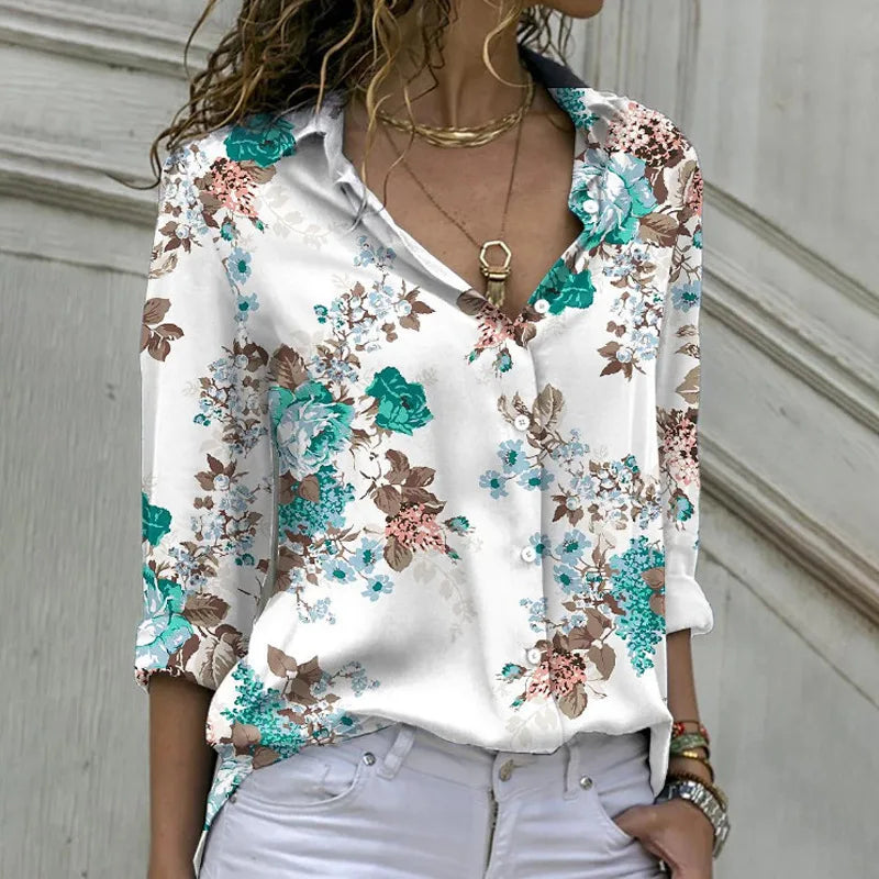 Long-Sleeved Casual Shirt Women Flower Blouse Oversized Loose Lapel Shirts