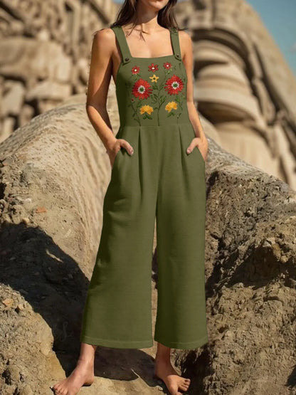Floral Embroidered Wide Leg Jumpsuit - -