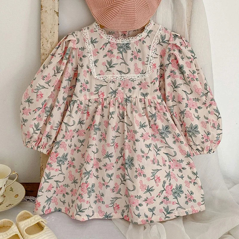 Girls Long Sleeve Flower Print Dress pink green