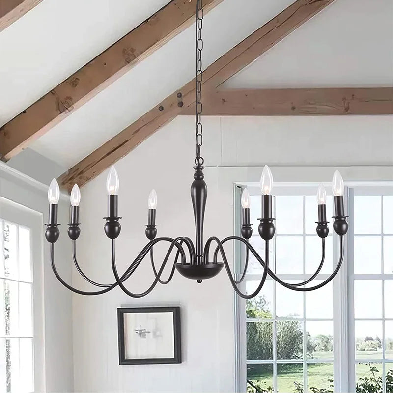 Classic Black Candle 8-Light Ceiling Fixture Farmhouse E12 Bulb Pendant Lights