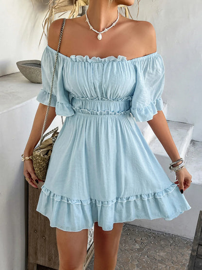 Square Neck Ruffle Trim Mini Dress - -