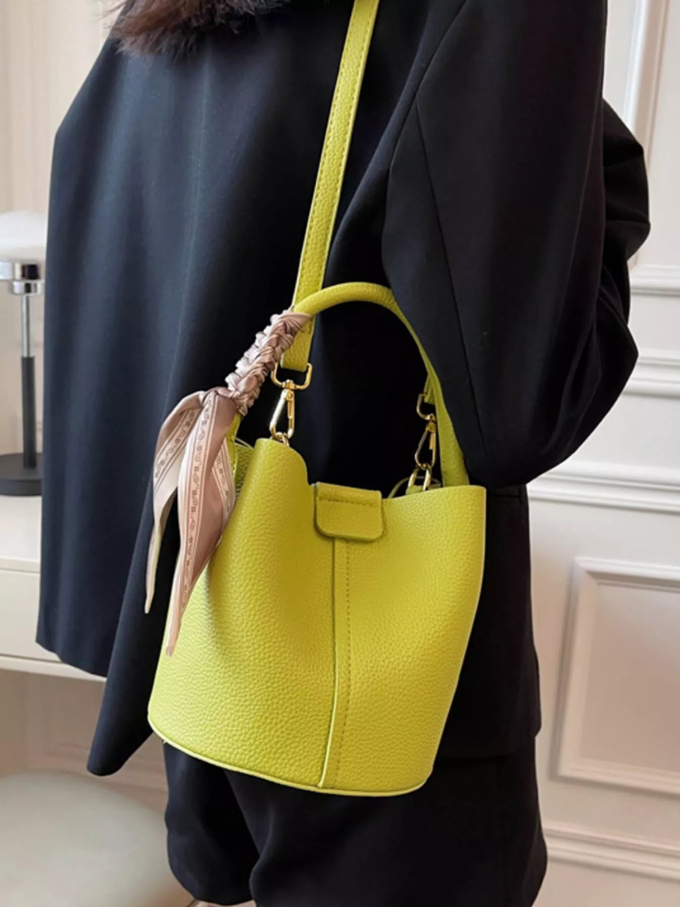 Leather Bucket Crossbody Bag - -