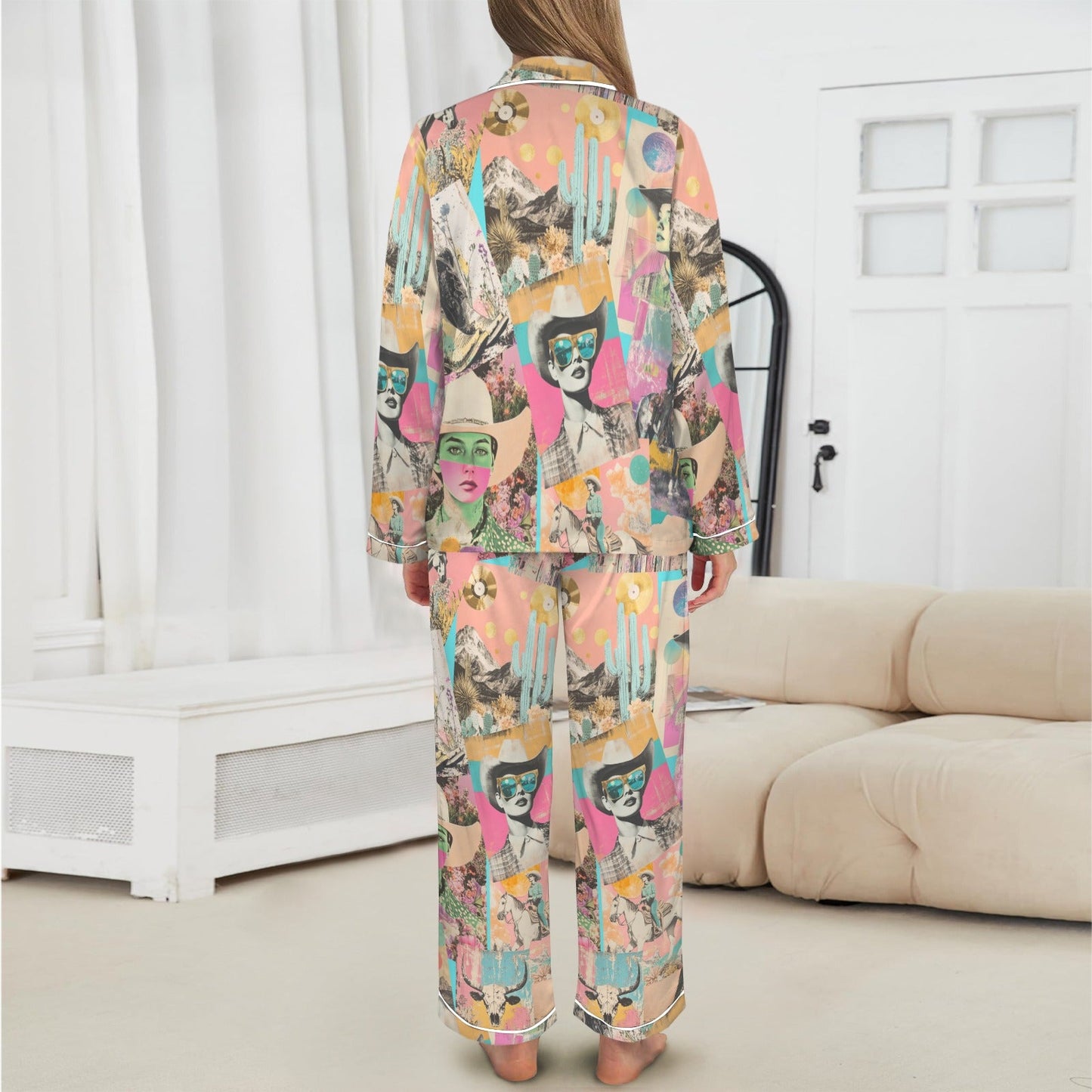 Baha Ranch Pop Western Collage Cowgirl Satin Pajamas - - Pajama Sets