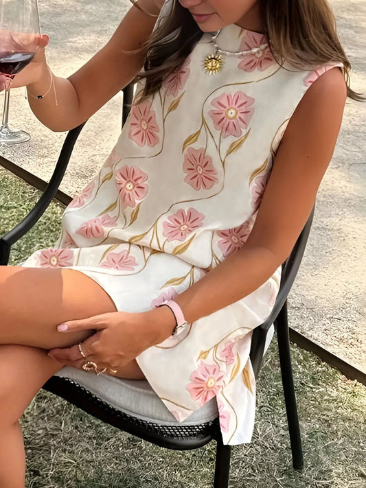 Floral Pattern Sleeveless Mini Dress - Dusty Pink -