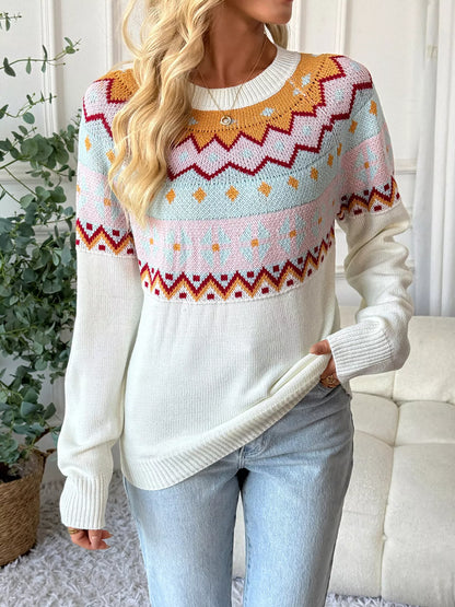 Geometric Round Neck Long Sleeve Sweater - -