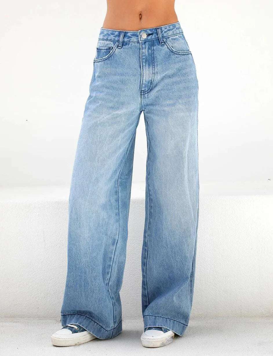 Ladies High Waist Loose Wide Leg Pants Casual Denim Jean