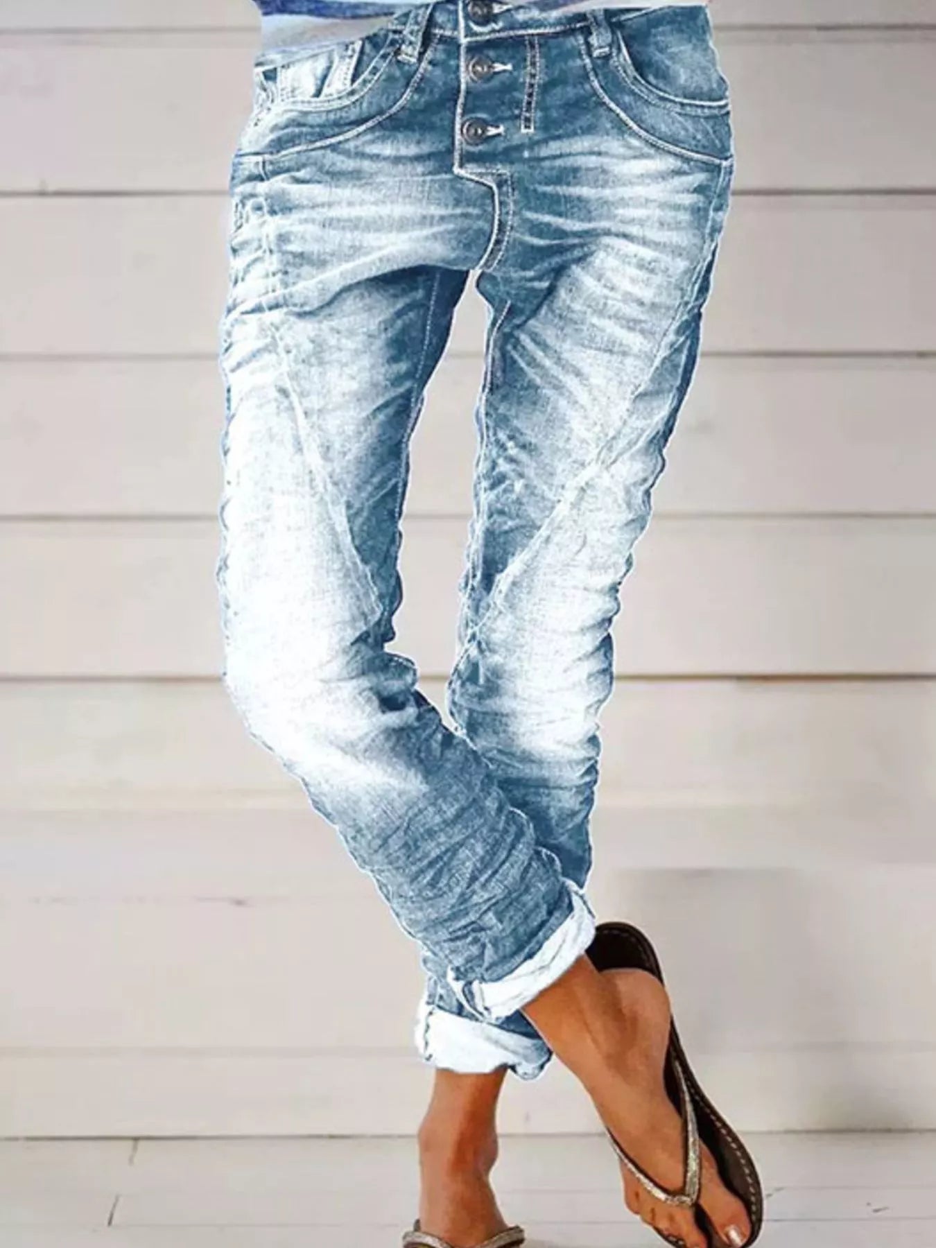 Full Size Washed Button-Fly Jeans Plus Size - Light Blue -