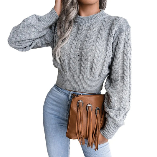 Women Twist Knitted O-Neck Long Lantern Sleeve Slim Knitwear Pullover Top