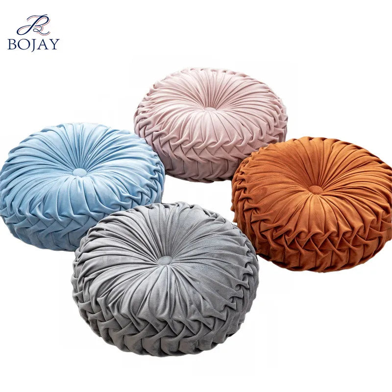 Velvet Round Cushion Plush Pleated Throw Pillow