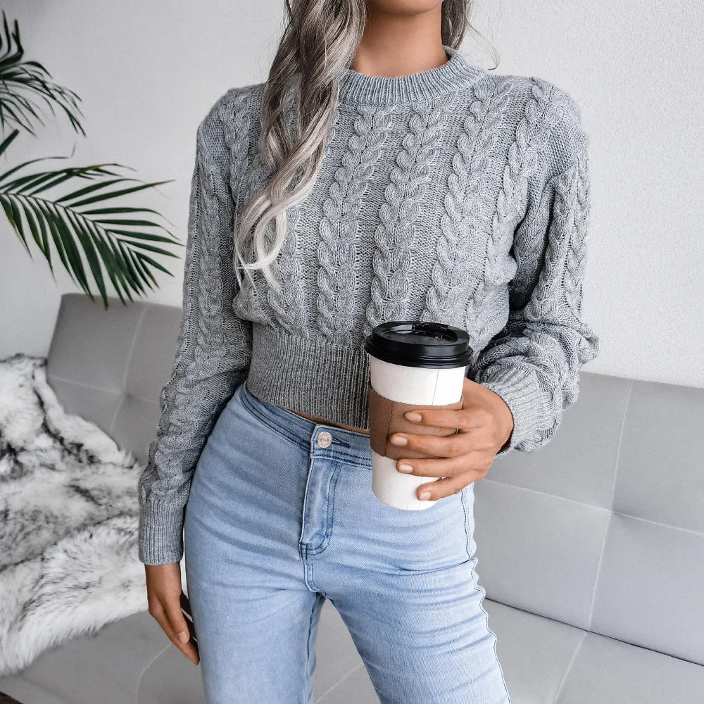 Women Twist Knitted O-Neck Long Lantern Sleeve Slim Knitwear Pullover Top