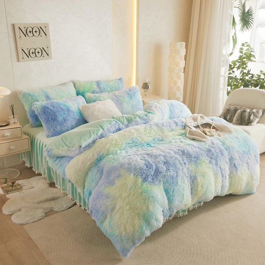 HAIHUA Tie-Dye Sage Green Faux Fur Duvet Cover - - Duvet cover
