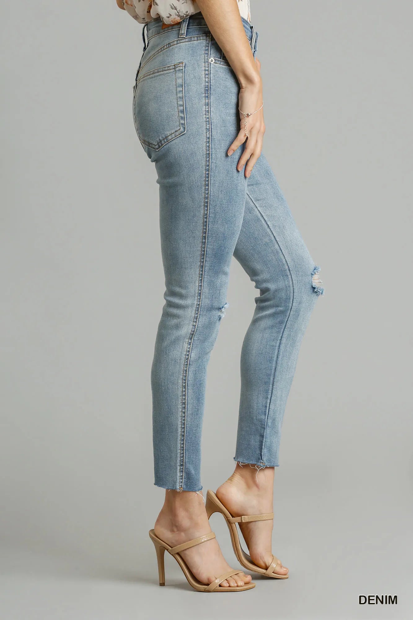 Umgee 5-Pockets Distressed Detail Stretch Denim Skinny Jeans with Unfinished Hem- Shopimist- {{Product type}}