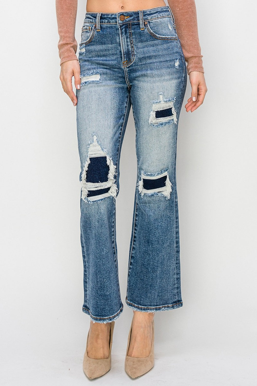 Risen Distressed Ankle Flare Blue Washed Denim Jeans - Dark - jeans