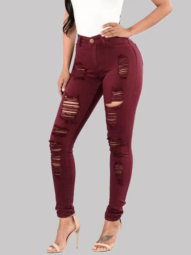 High-Rise Distressed Skinny Jeans in Burgundy & Olive Kia Day Design