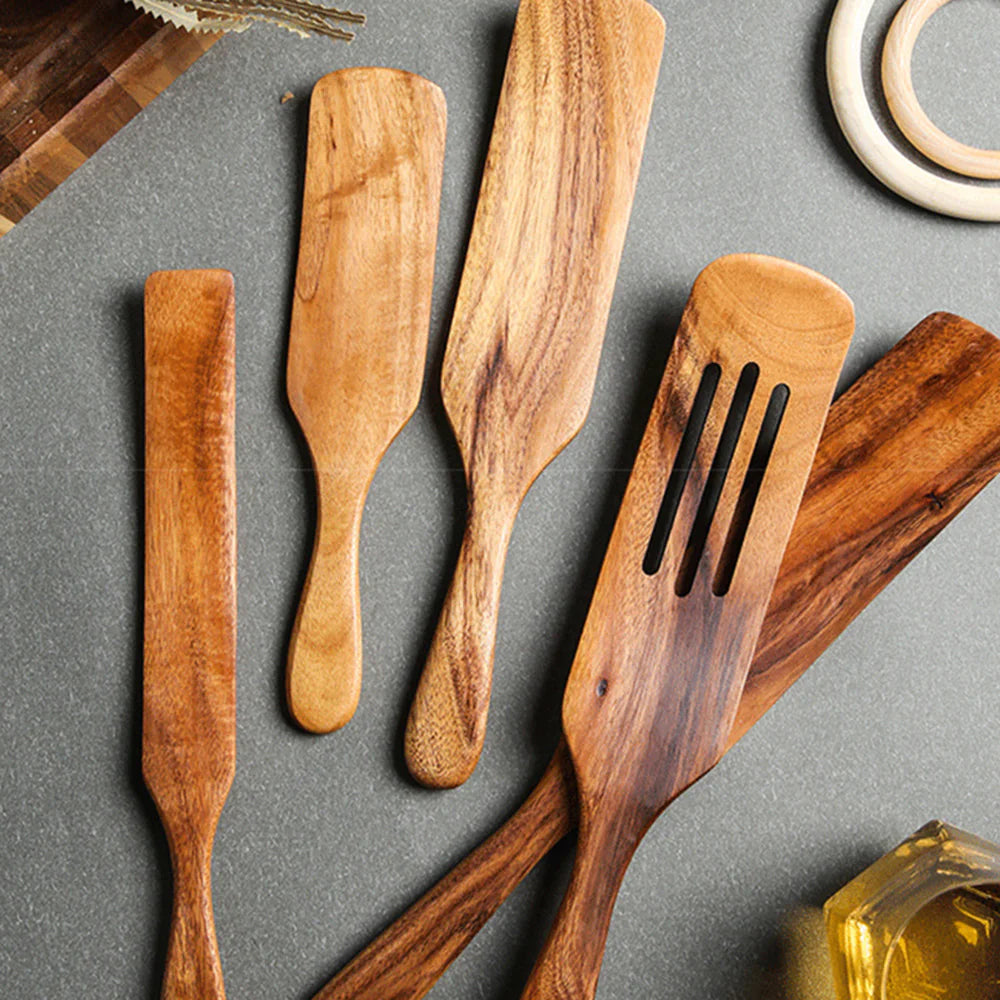 Acacia Teak Wood Long-Handled Cooking Spatula Set