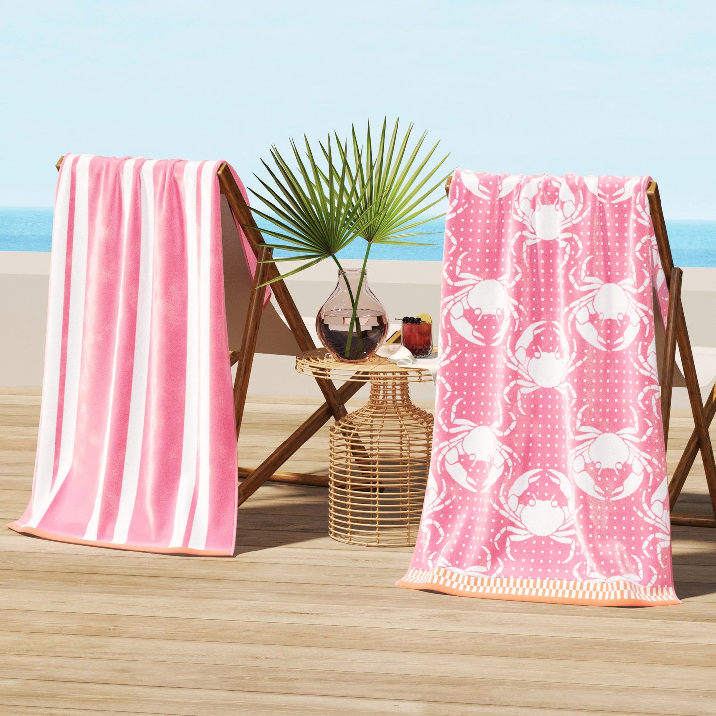 Cotton Velour Beach Towel - Maui Collection - 2 Pack- 30" x 60" Pink White Crabs Stripe - Beach Towels