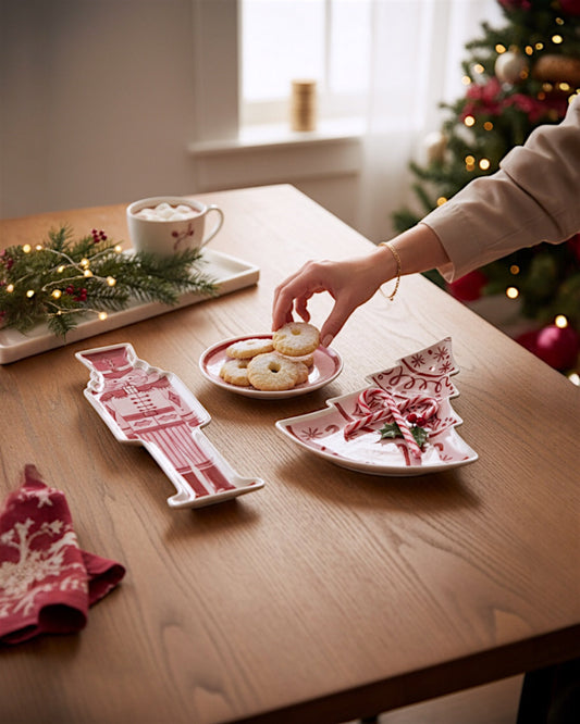 Pink & Red Nutcracker and Tree Ceramic Tidbit Plate - - plates