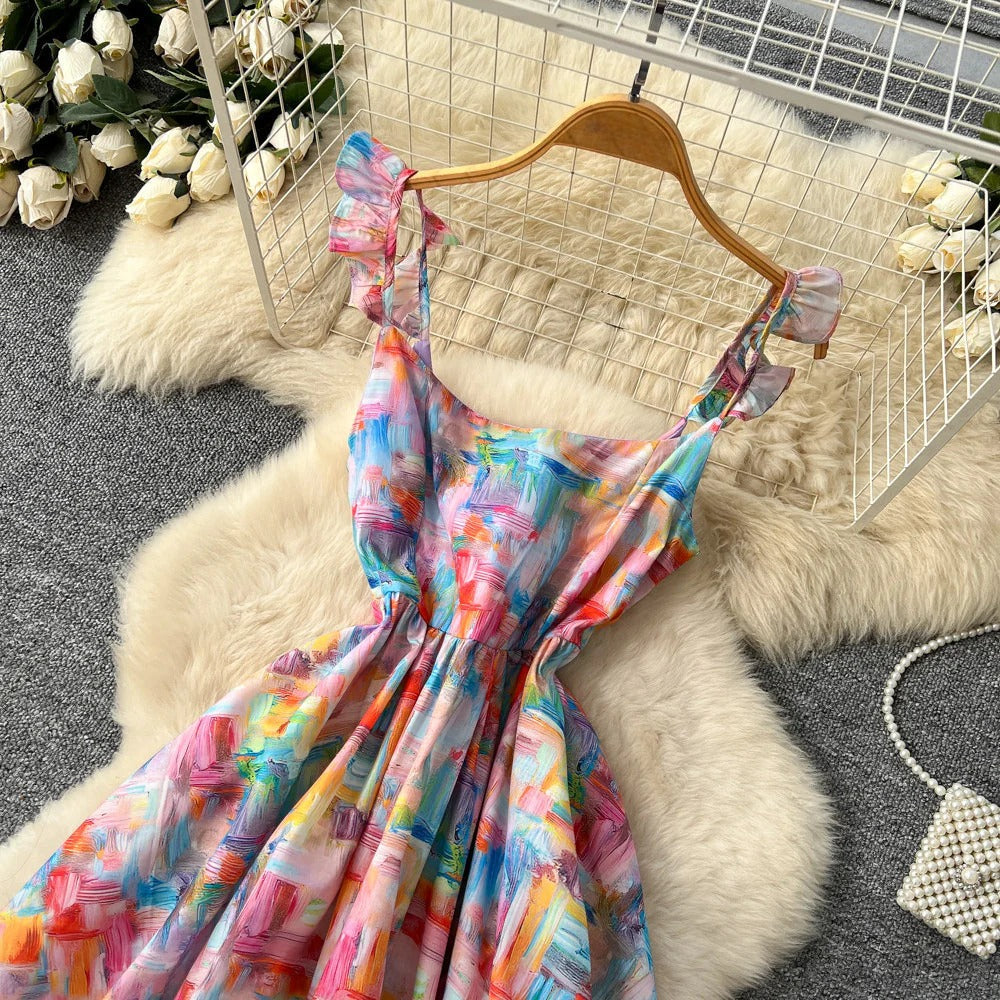 Floral Print Dress – V-Neck Adjustable Strap Midi, Spring-Summer Beach Vacation Sundress - -